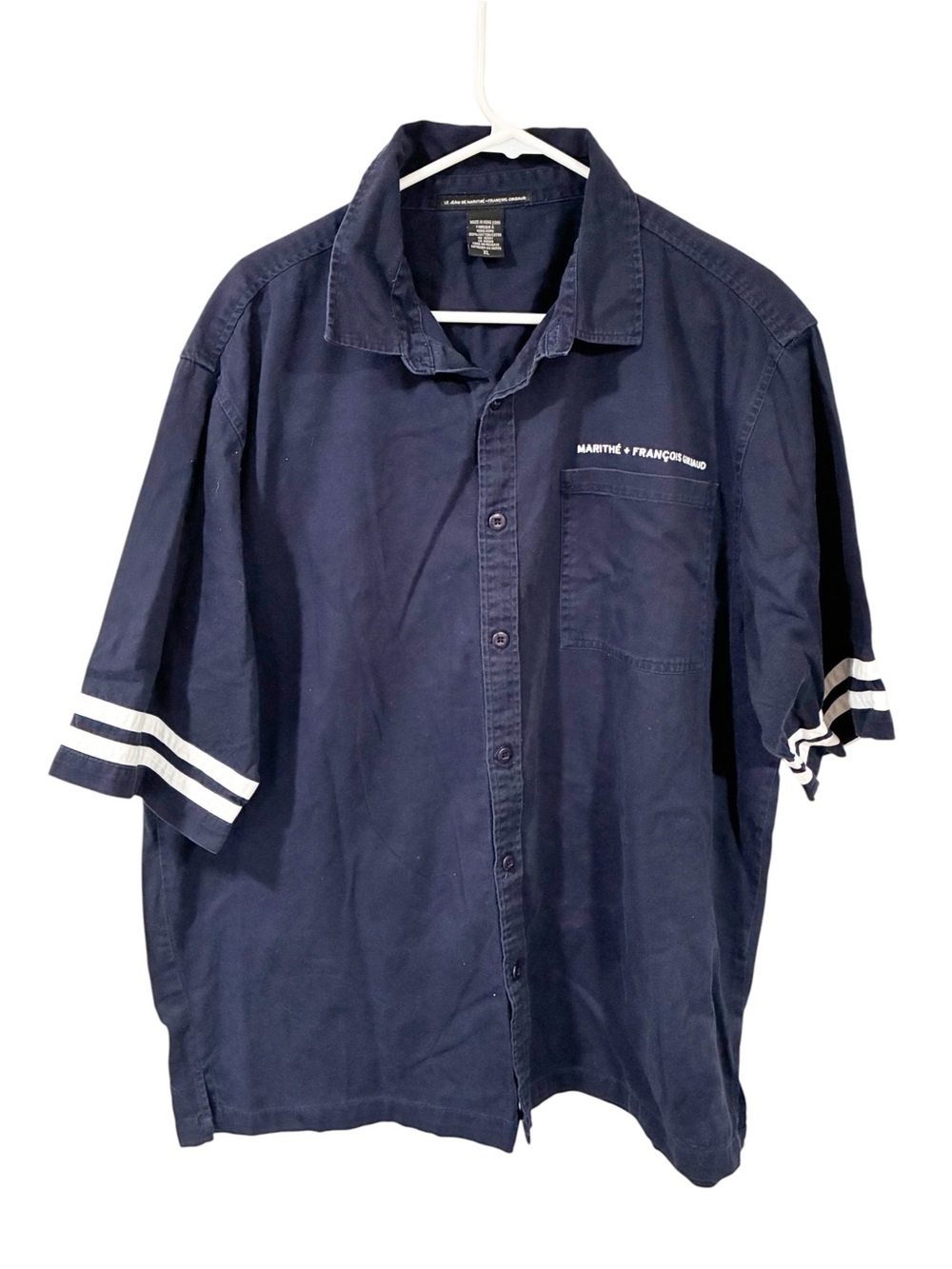 MARITHE + FRANCOIS GIRBAUD Navy Cotton Button Down Short Sleeve 38 Top Size XL